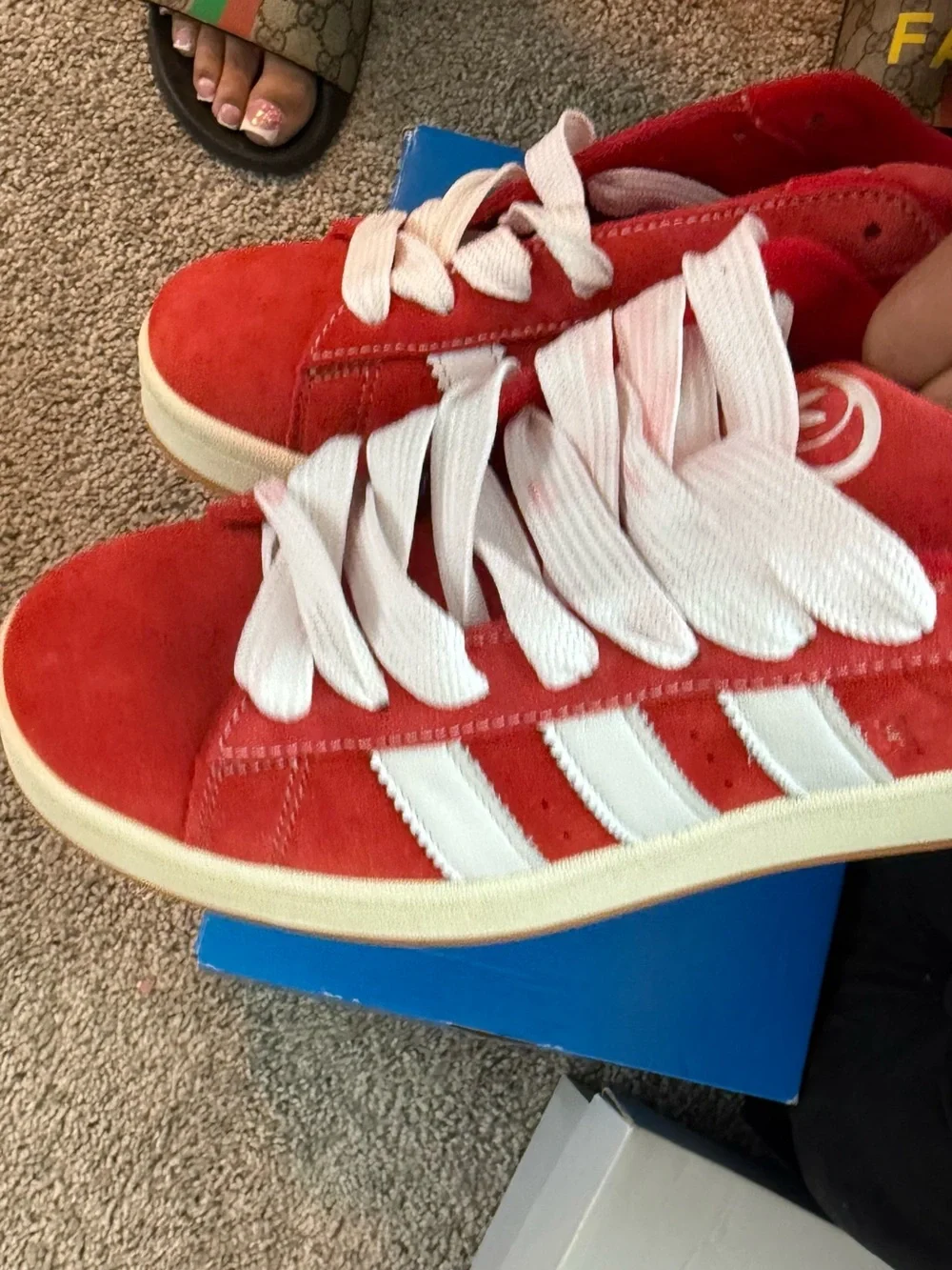 adidas Women’s Red Suede Sneakers with White Stripes